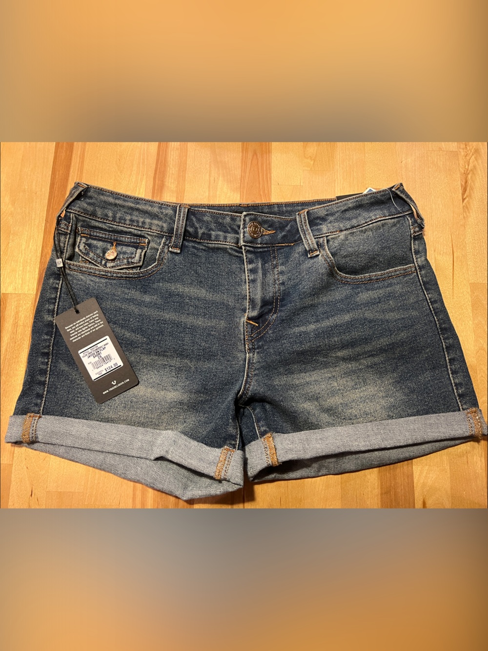 True Religion Women's Dark Blue Rolled Hem Denim Shorts